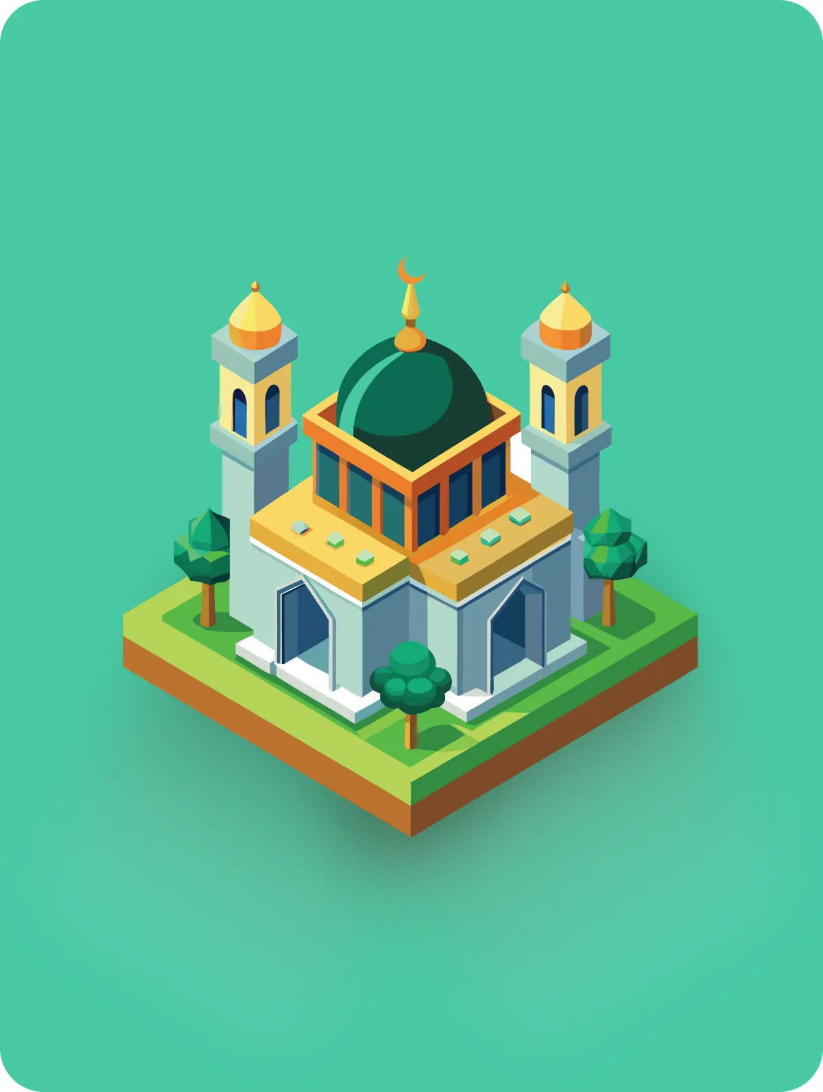 A 3D illustration of a mosque with a green dome and two minarets set in green grounds
